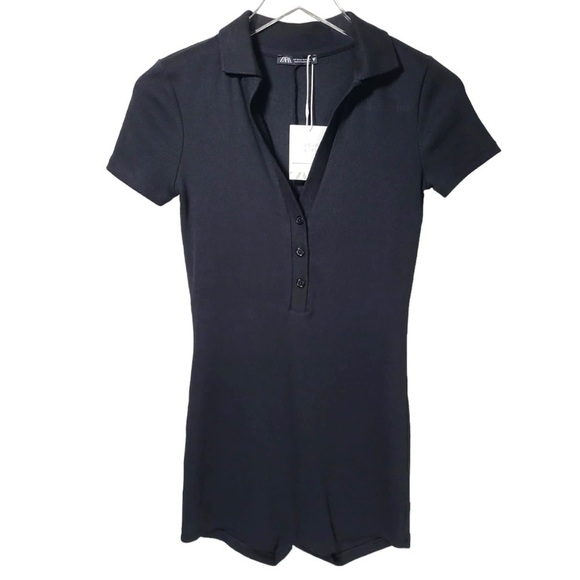 NWT Zara Short Sleeve Ribbed Polo Bodysuit-Romper in Black - Picture 5 of 12